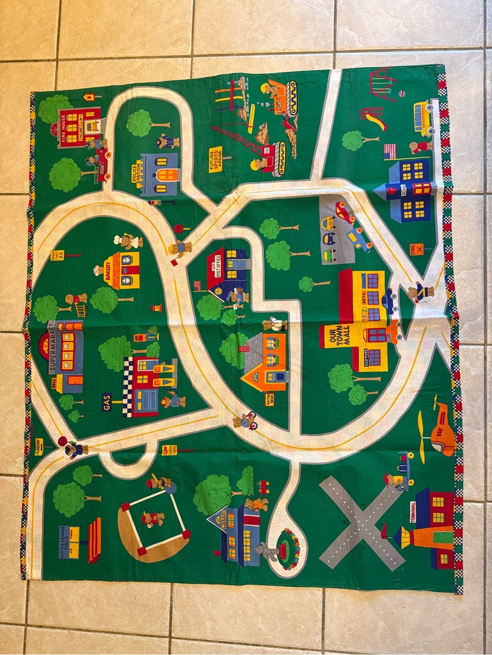 Vintage hand made teddy bear town themed play mat (for cars, figures etc)